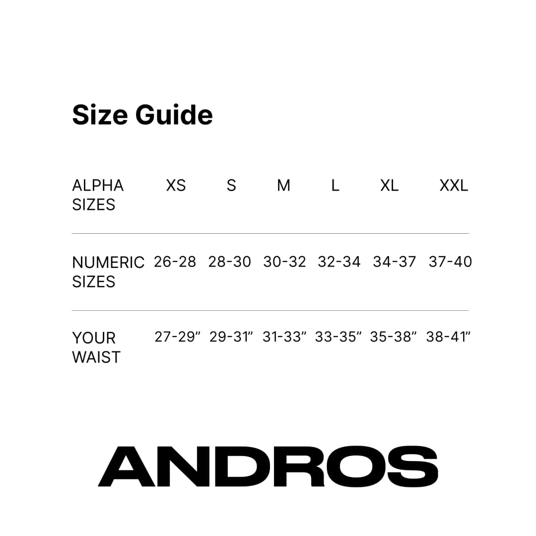 ANDROS size guide: waist measurements by size